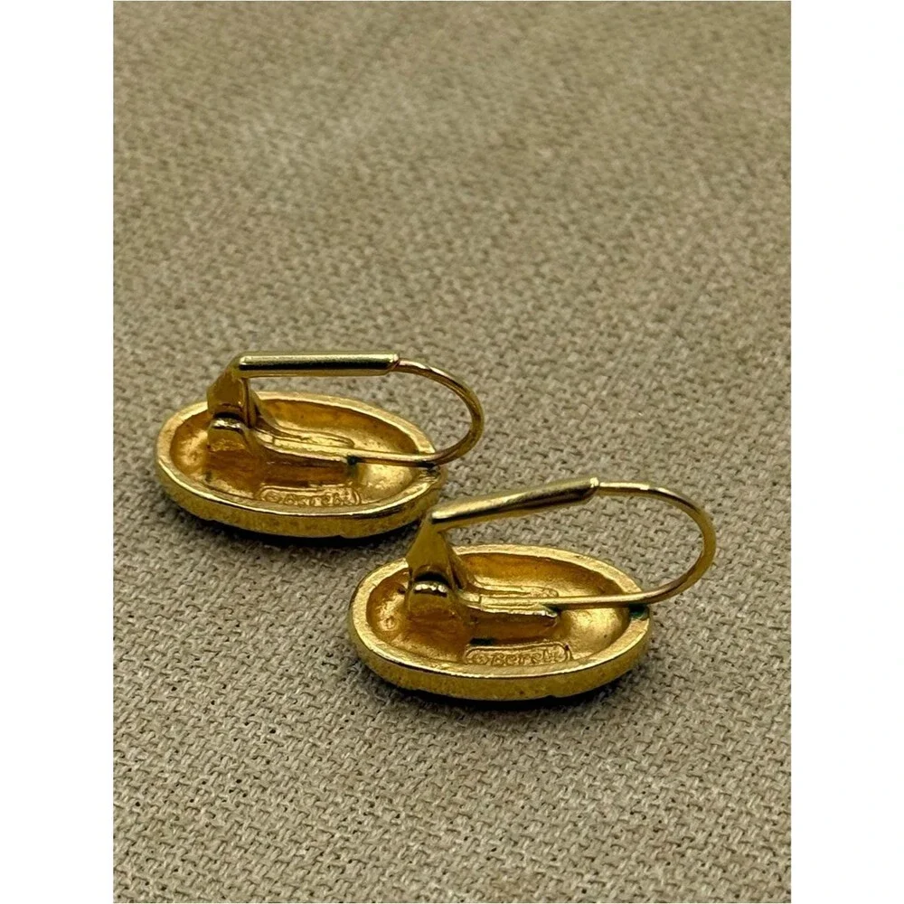 Vintage Egyptian Gold-Tone Oval Drop Earrings with Blue Enamel Accent